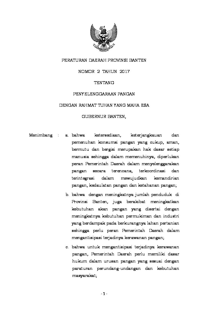 Peraturan Daerah Provinsi Banten No 2 tahun 2017 tentang Penyelenggaraan Pangan