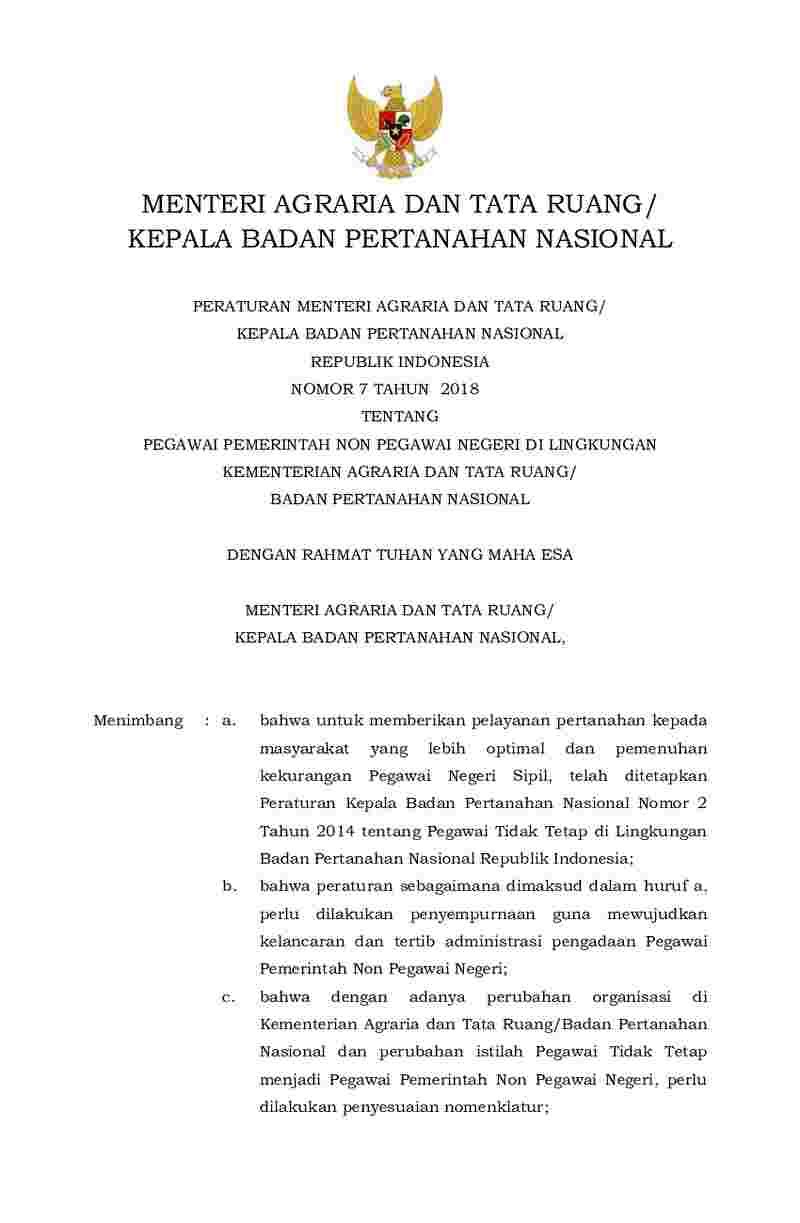 Peraturan Kepala Badan Pertanahan Nasional No 7 tahun 2018 tentang Pegawai Pemerintah Non Pegawai Negeri di Lingkungan Kementerian Agraria dan Tata Ruang/Badan Pertanahan Nasional