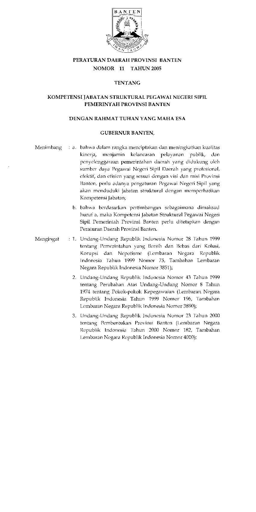 Peraturan Daerah Provinsi Banten No 11 tahun 2005 tentang Kompetensi Jabatan Struktural Pegawai Negeri Sipil