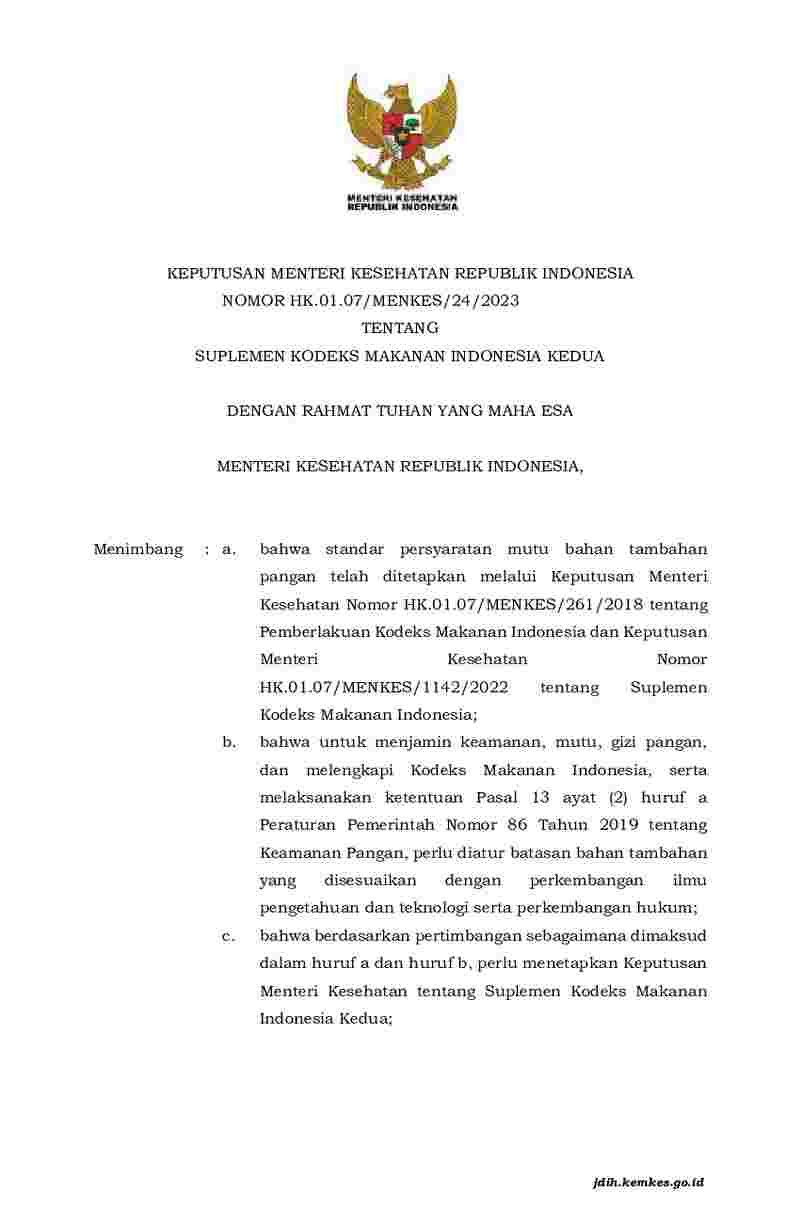 Keputusan Menteri Kesehatan No HK.01.07/MENKES/24/2023 tahun 2023 tentang Suplemen Kodeks Makanan Indonesia Kedua
