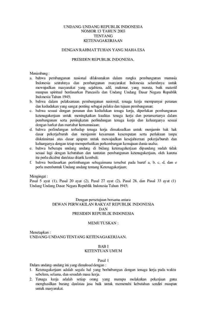 Undang Undang No 13 tahun 2003 tentang Ketenagakerjaan