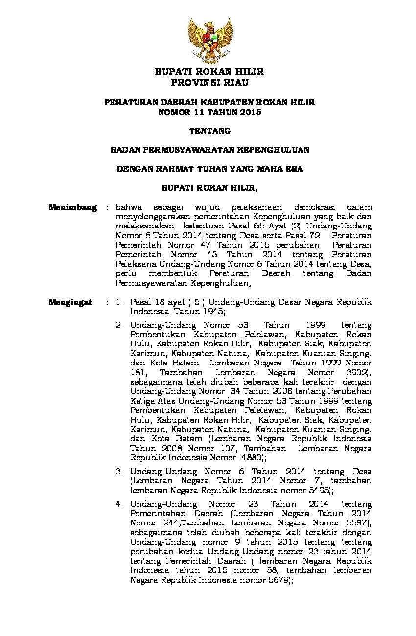 Peraturan Daerah Kabupaten Rokan Hilir No 11 tahun 2015 tentang Badan Permusyawaratan Kepenghuluan