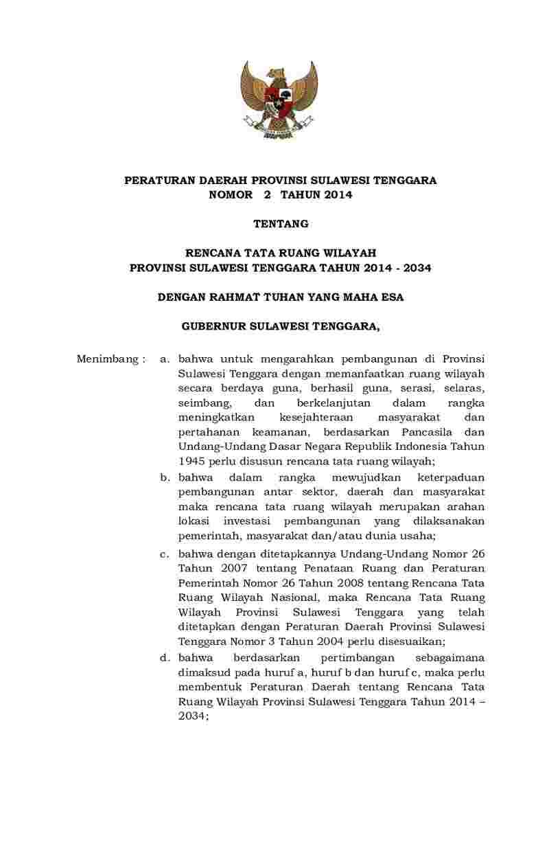 Peraturan Daerah Provinsi Sulawesi Tenggara No 2 tahun 2014 tentang Rencana Tata Ruang Wilayah Provinsi Sulawesi Tenggara Tahun 2014 - 2034