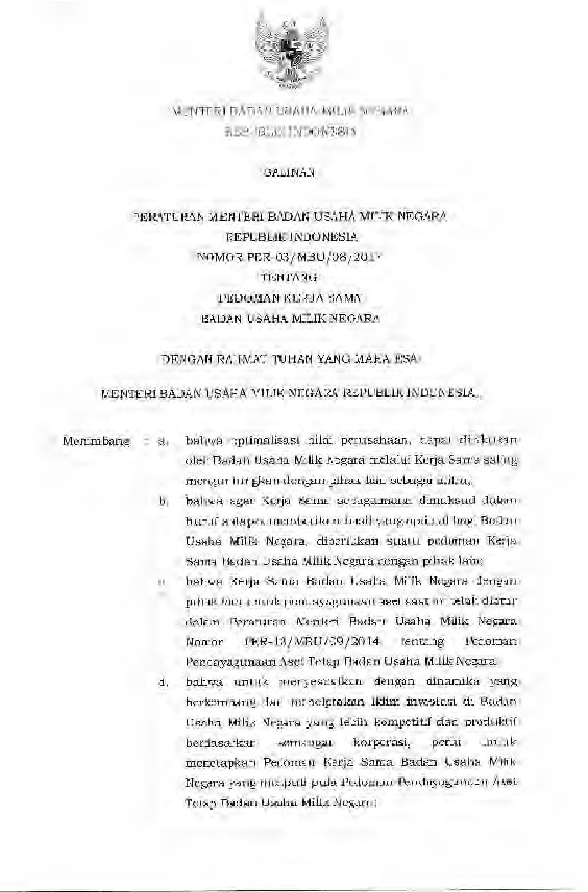 Peraturan Menteri Badan Usaha Milik Negara Bumn No Per 03 Mbu 08 2017