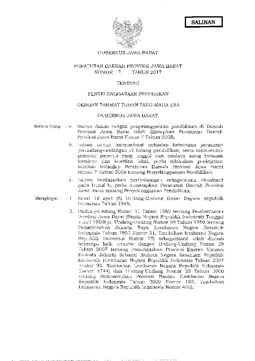 Peraturan Daerah Provinsi Jawa Barat No 5 tahun 2017 tentang Penyelenggaraan Pendidikan
