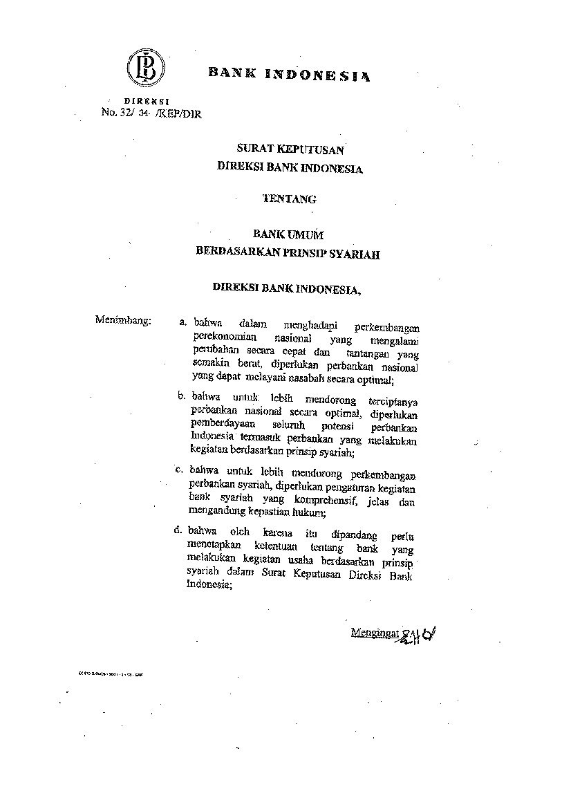 Surat Keputusan Direksi Bank Indonesia (BI) No 32/34/KEP/DIR tahun 1999 tentang Bank Umum Berdasarkan Prinsip Syariah