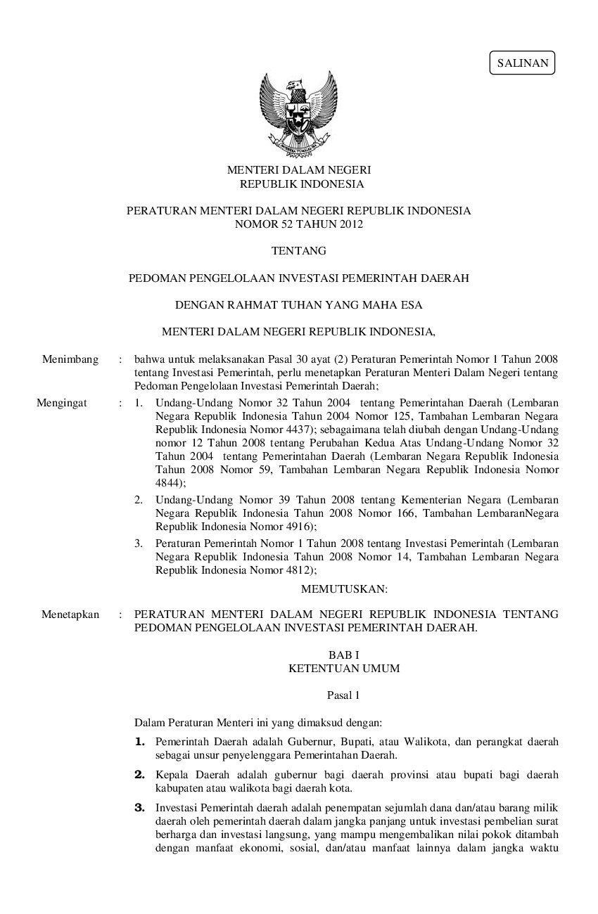 Peraturan Menteri Dalam Negeri No 52 tahun 2012 tentang Pedoman Pengelolaan Investasi Pemerintah Daerah
