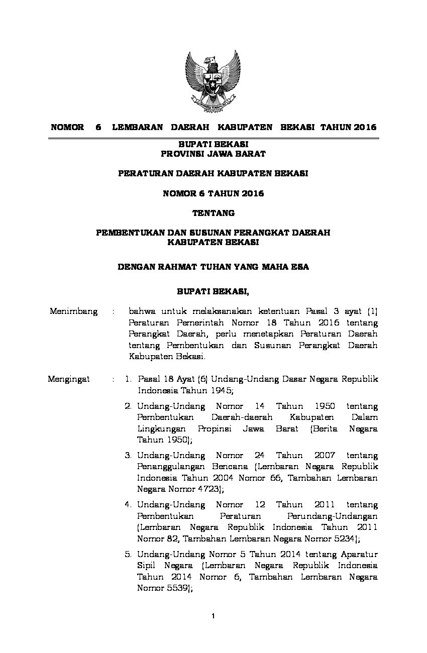 Peraturan Daerah Kab Bekasi No 6 Tahun 2016 Tentang