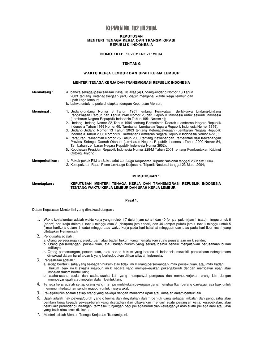 Keputusan  Menteri Tenaga Kerja dan Transmigrasi No KEP.102/MEN/VI/2004 tahun 2004 tentang Waktu Kerja Lembur Dan Upah Kerja Lembur