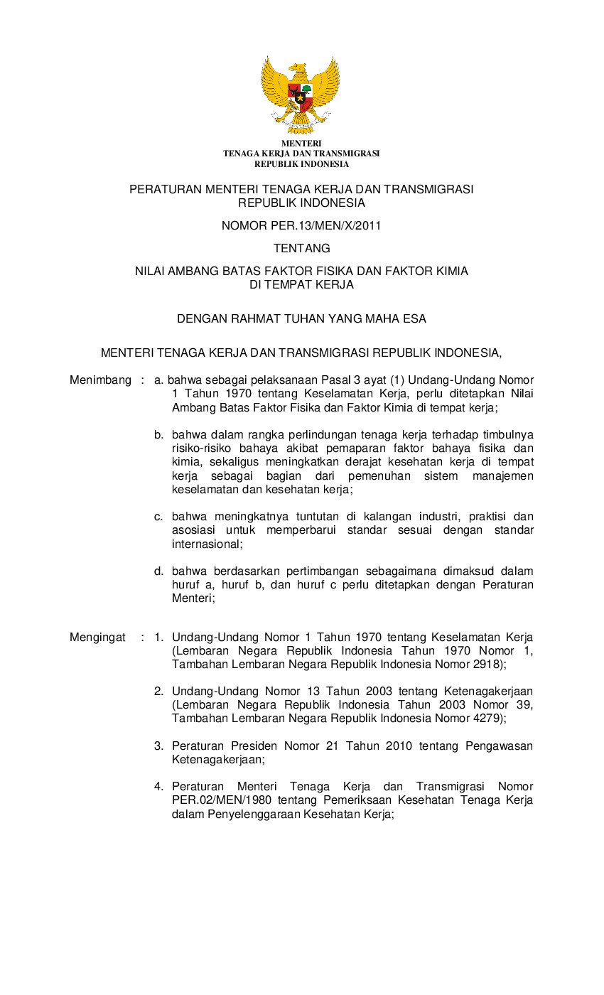 Peraturan Menteri Tenaga Kerja dan Transmigrasi No PER.13/MEN/X/2011 tahun 2011 tentang Nilai Ambang Batas Faktor Fisika Dan Faktor Kimia Di Tempat Kerja