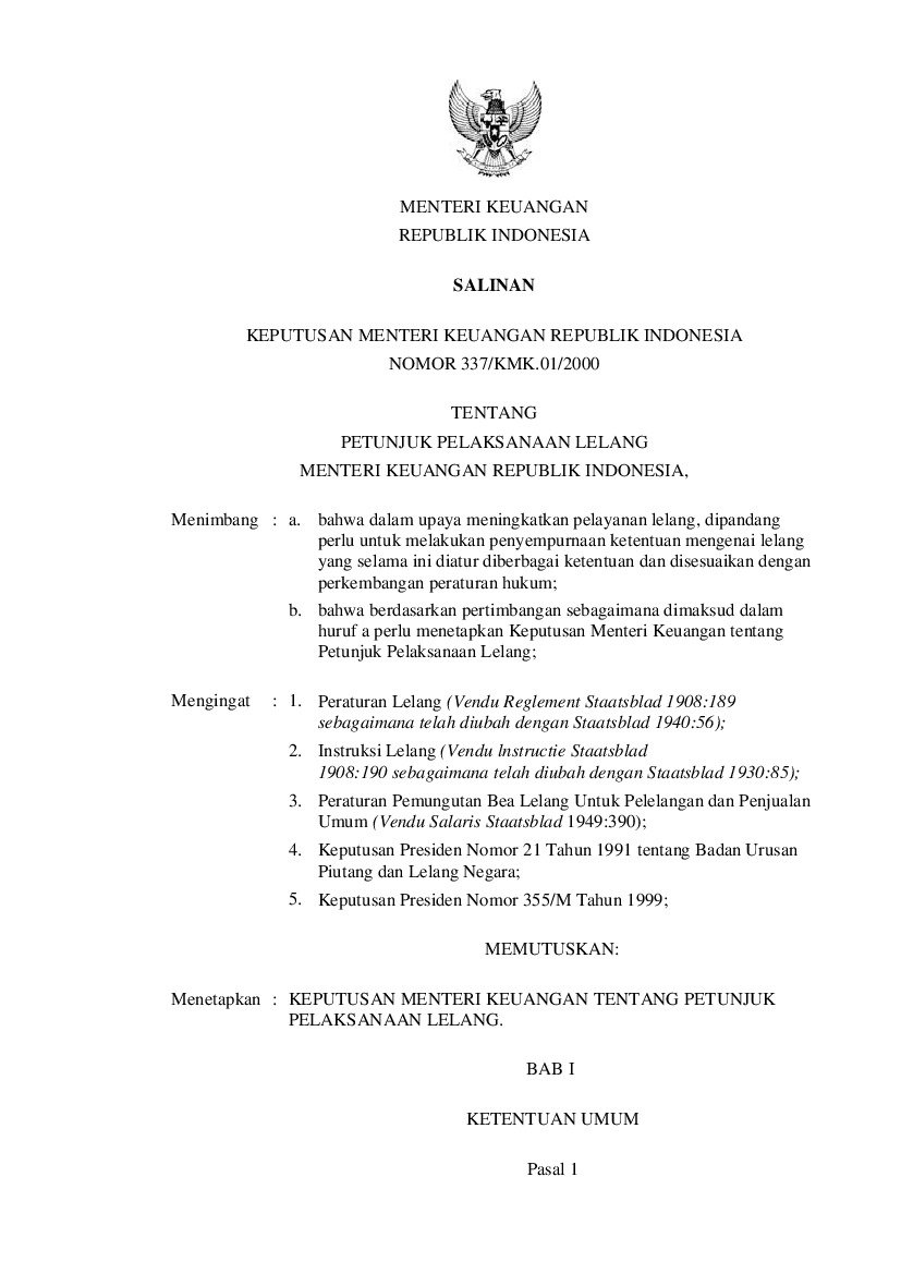 Keputusan Menteri Keuangan No 337/KMK.01/2000 tahun 2000 tentang Petunjuk Pelaksanaan Lelang