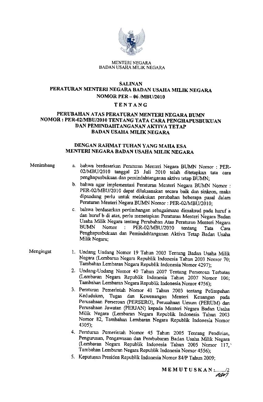 Peraturan Menteri Badan Usaha Milik Negara Bumn No Per 06 Mbu 2010