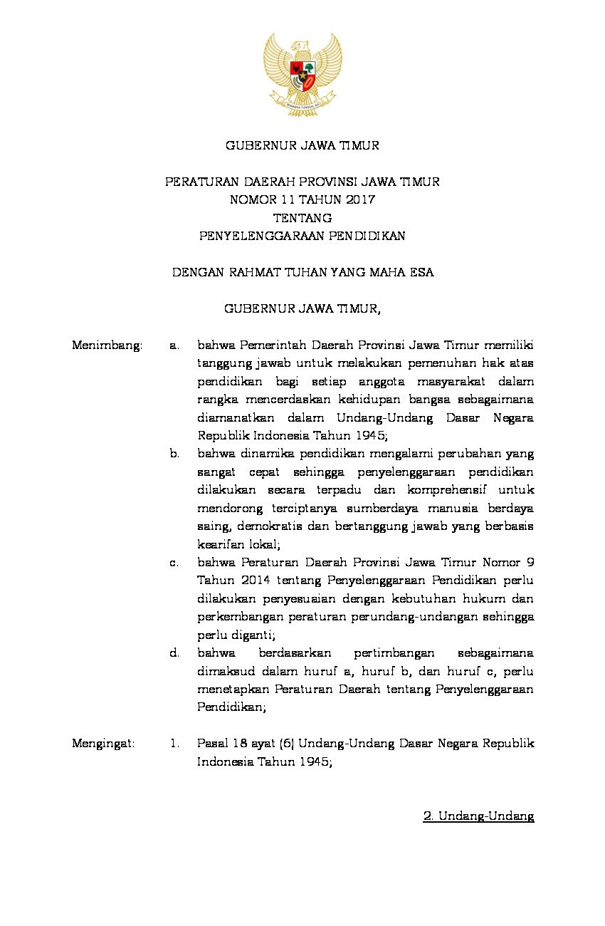 Peraturan Daerah Provinsi Jawa Timur No 11 Tahun 2017