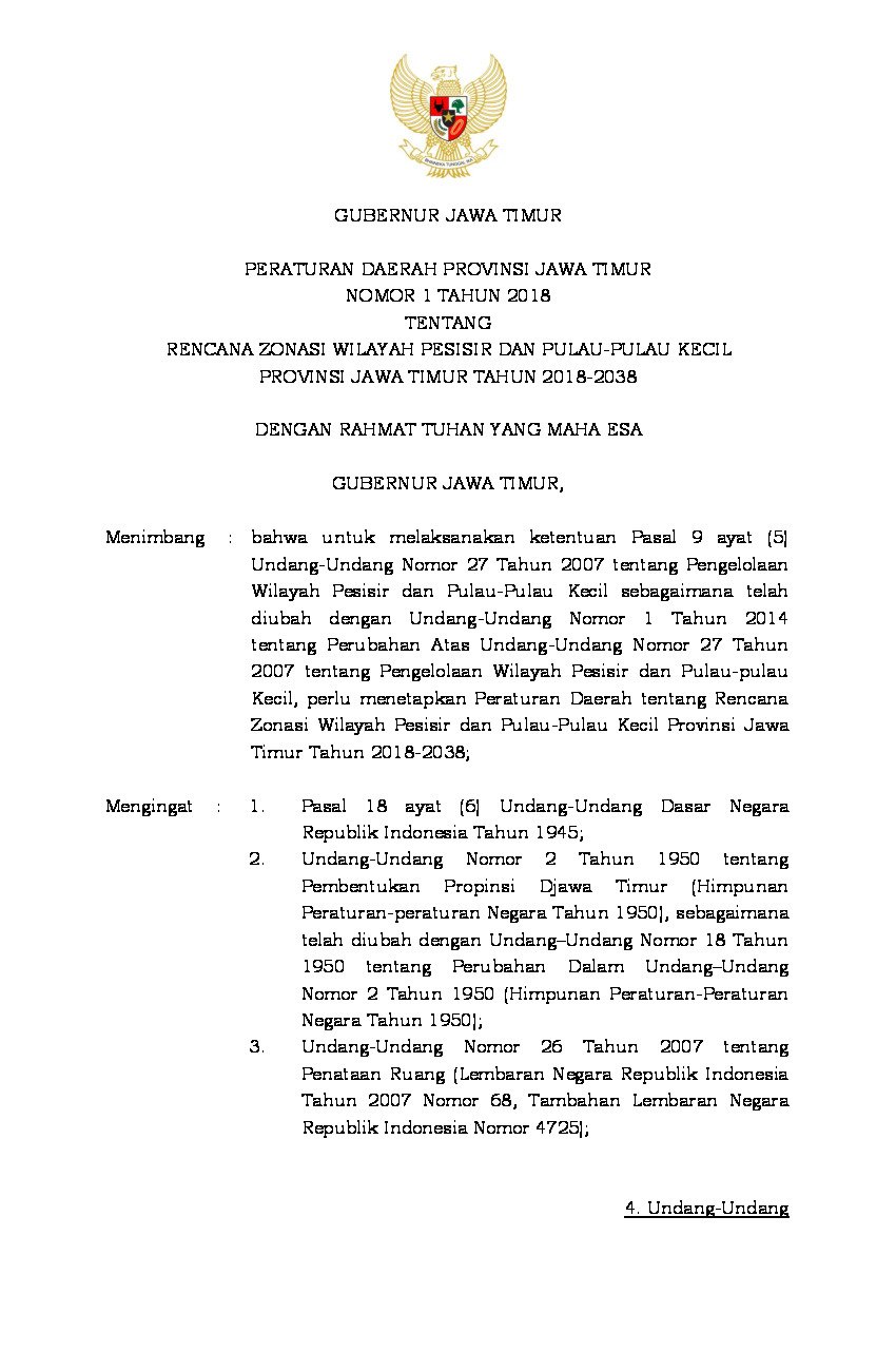 Peraturan Daerah Provinsi Jawa Timur No 1 tahun 2018 tentang Rencana Zonasi Wilayah Pesisir dan Pulau-Pulau Kecil Provinsi Jawa Timur Tahun 2018-2038