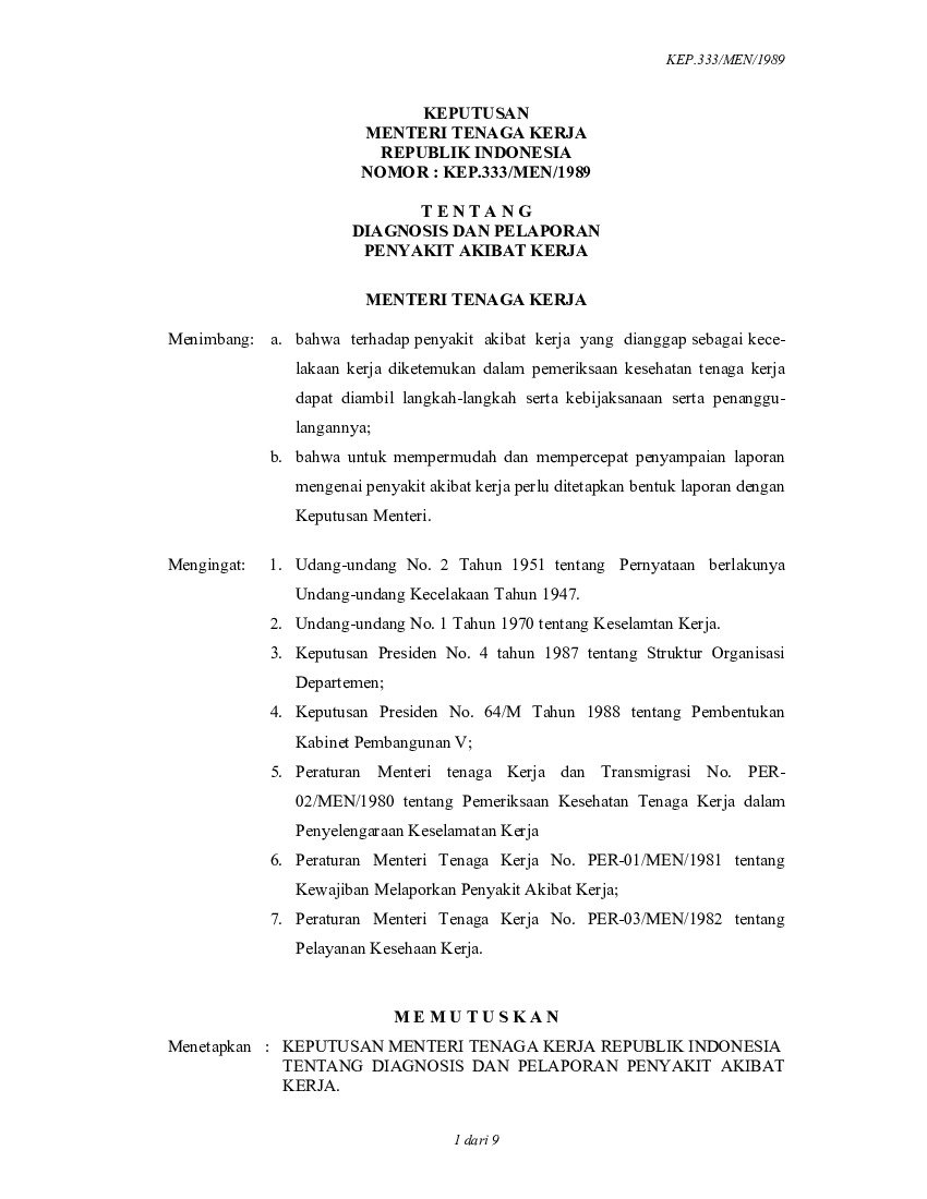 Keputusan Menteri Tenaga Kerja No KEP.333/MEN/1989 tahun 1989 tentang Diagnosis Dan Pelaporan Penyakit Akibat Kerja