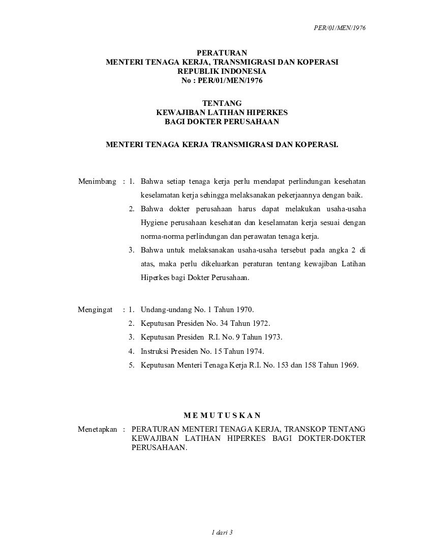 Peraturan Menteri Tenaga Kerja dan Transmigrasi No PER.01/MEN/1976 tahun 1976 tentang Kewajiban Latihan Hiperkes Bagi Dokter Perusahaan