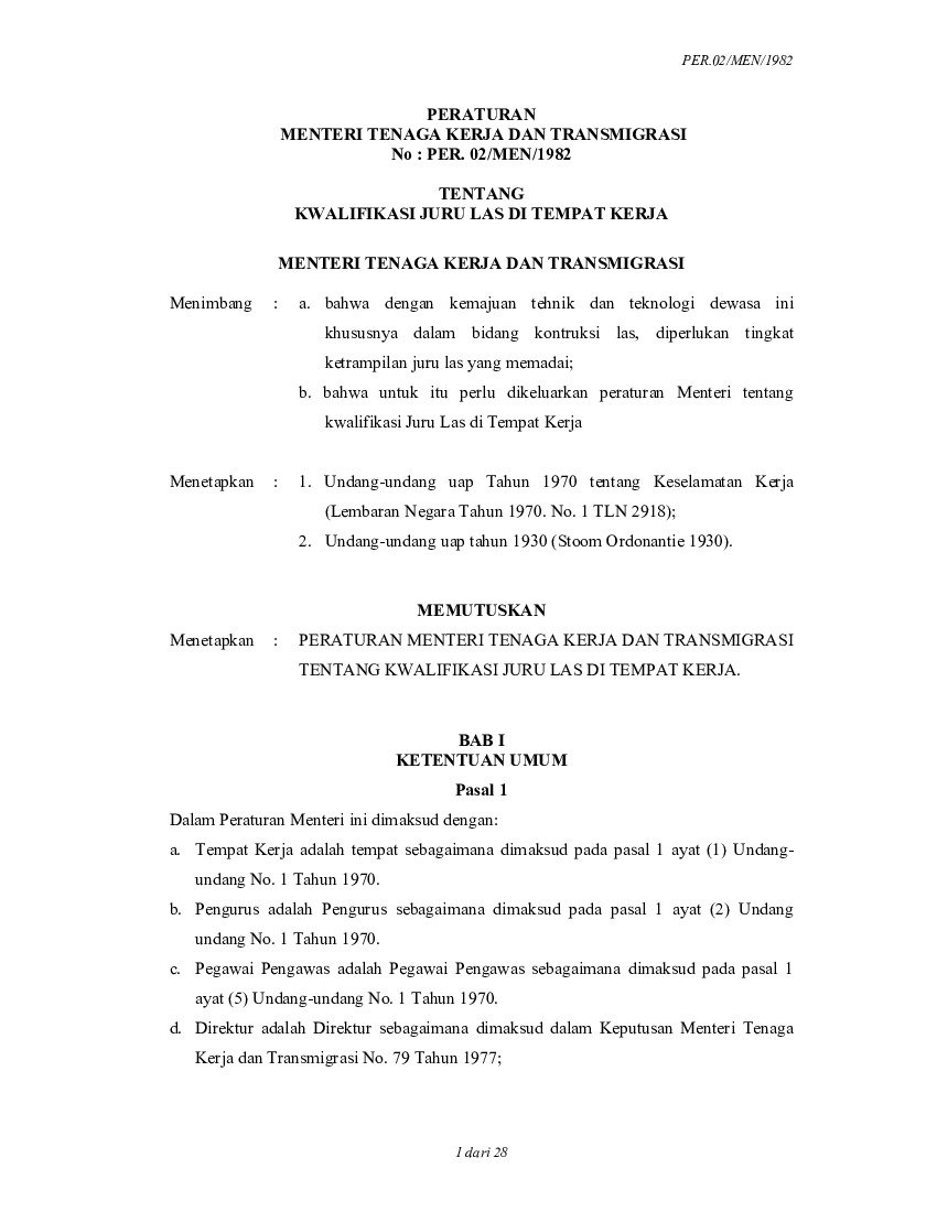 Peraturan Menteri Tenaga Kerja dan Transmigrasi No PER.02/MEN/1982 tahun 1982 tentang Kwalifikasi Juru Las Di Tempat Kerja