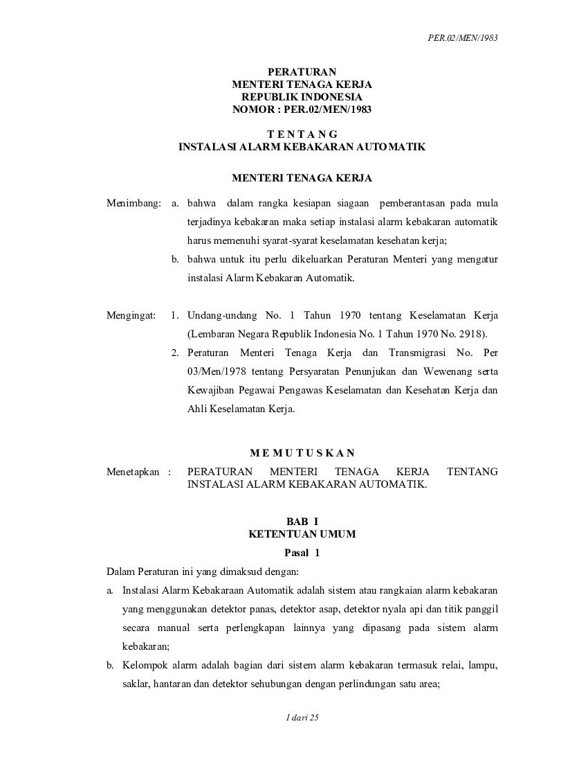 Peraturan Menteri Tenaga Kerja No PER.02/MEN/1983 tahun 1983 tentang Instalasi Alarm Kebakaran Automatik