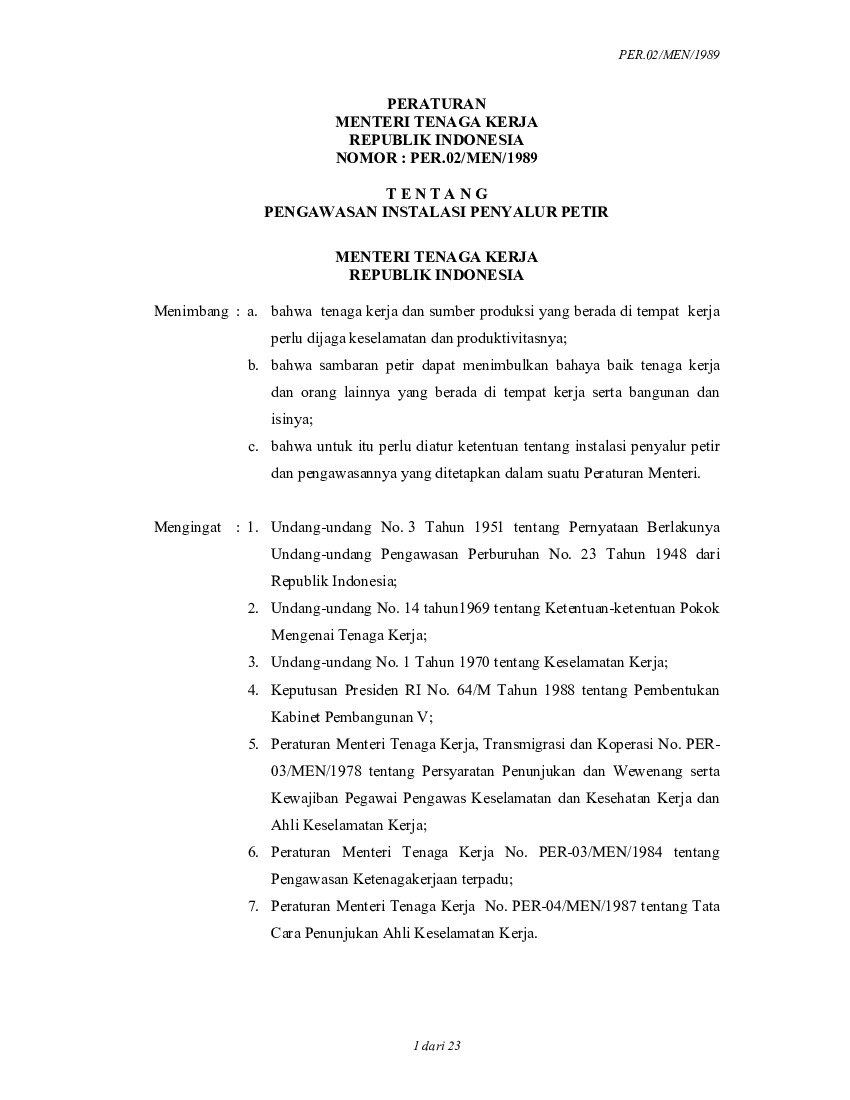 Peraturan Menteri Tenaga Kerja No PER.02/MEN/1989 tahun 1989 tentang Pengawasan Instalasi Penyalur Petir