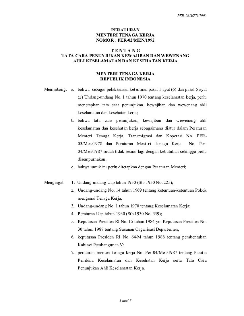 Peraturan Menteri Tenaga Kerja No PER-02/MEN/1992 tahun 1992 tentang Tata Cara Penunjukan Kewajiban Dan Wewenang Ahli Keselamatan Dan Kesehatan Kerja