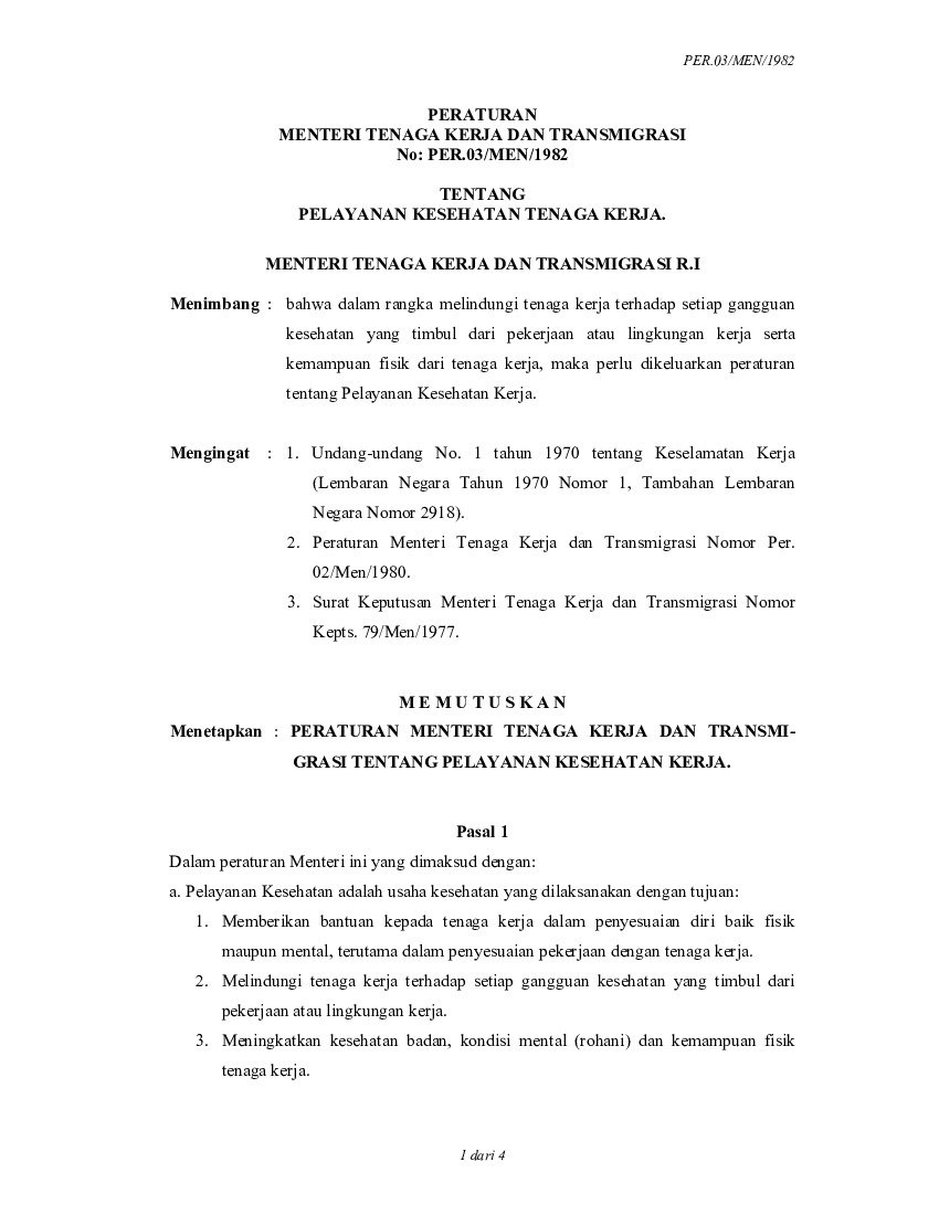 Peraturan Menteri Tenaga Kerja dan Transmigrasi No PER.03/MEN/1982 tahun 1982 tentang Pelayanan Kesehatan Tenaga Kerja