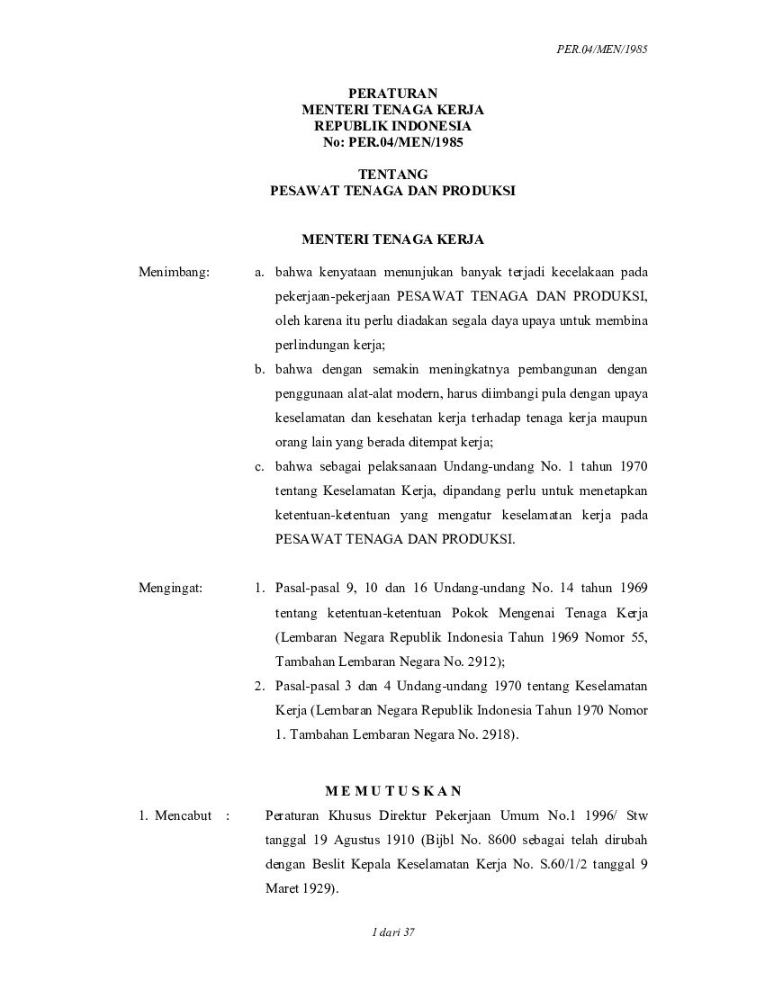 Peraturan Menteri Tenaga Kerja No PER.04/MEN/1985 tahun 1985 tentang Pesawat Tenaga Dan Produksi