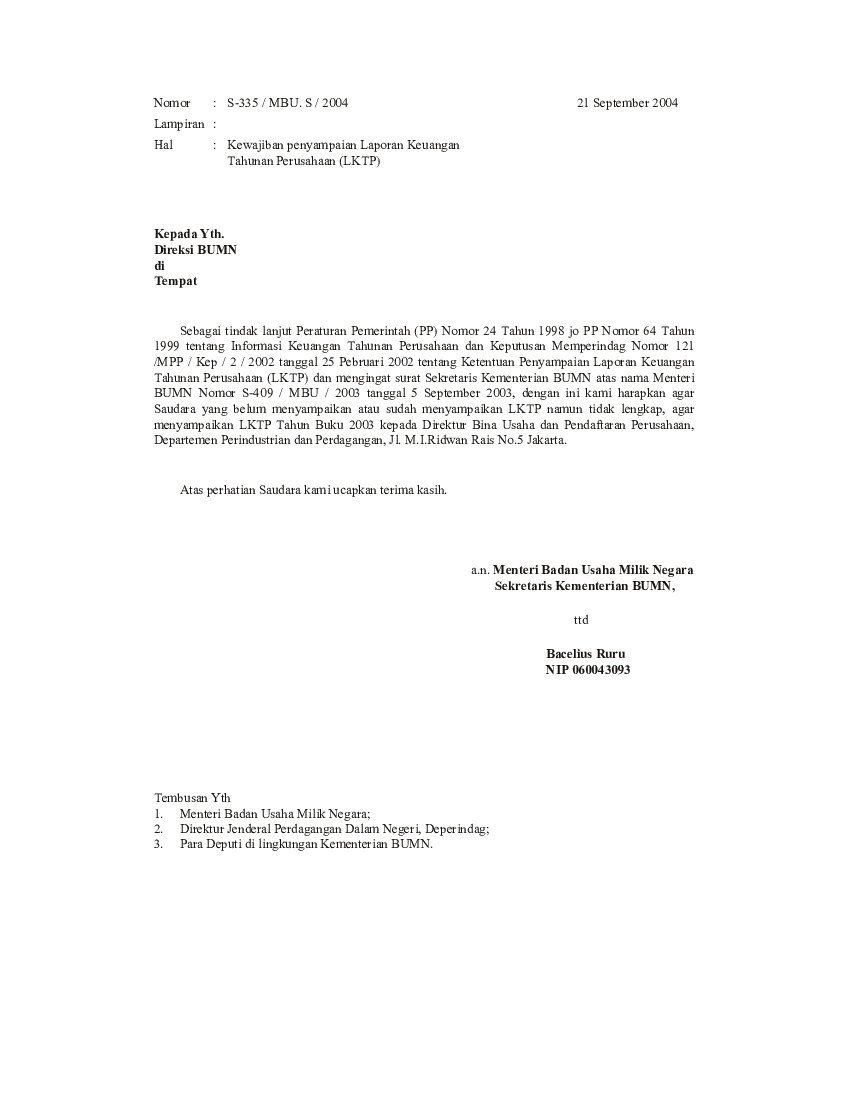 Surat Edaran Menteri Badan Usaha Milik Negara (BUMN) No S-335/MBU.S/2004 tahun 2004 tentang Kewajiban Penyampaian Laporan Keuangan Tahunan Perusahaan (LKTP)