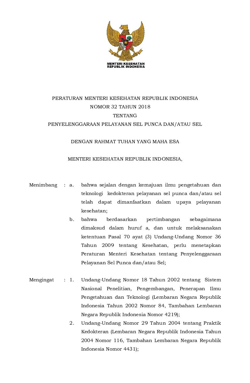 Peraturan Menteri Kesehatan No 32 tahun 2018 tentang Penyelenggaraan Pelayanan Sel Punca dan/atau Sel
