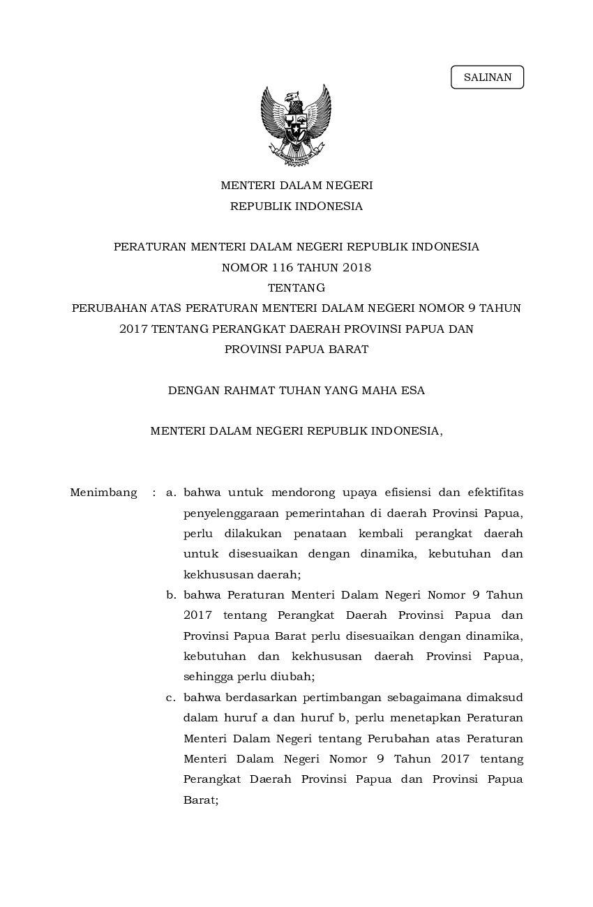 Peraturan Menteri Dalam Negeri No 116 tahun 2018 tentang Perubahan atas Peraturan Menteri dalam Negeri Nomor 9 Tahun 2017 tentang Perangkat Daerah Provinsi Papua dan Provinsi Papua Barat