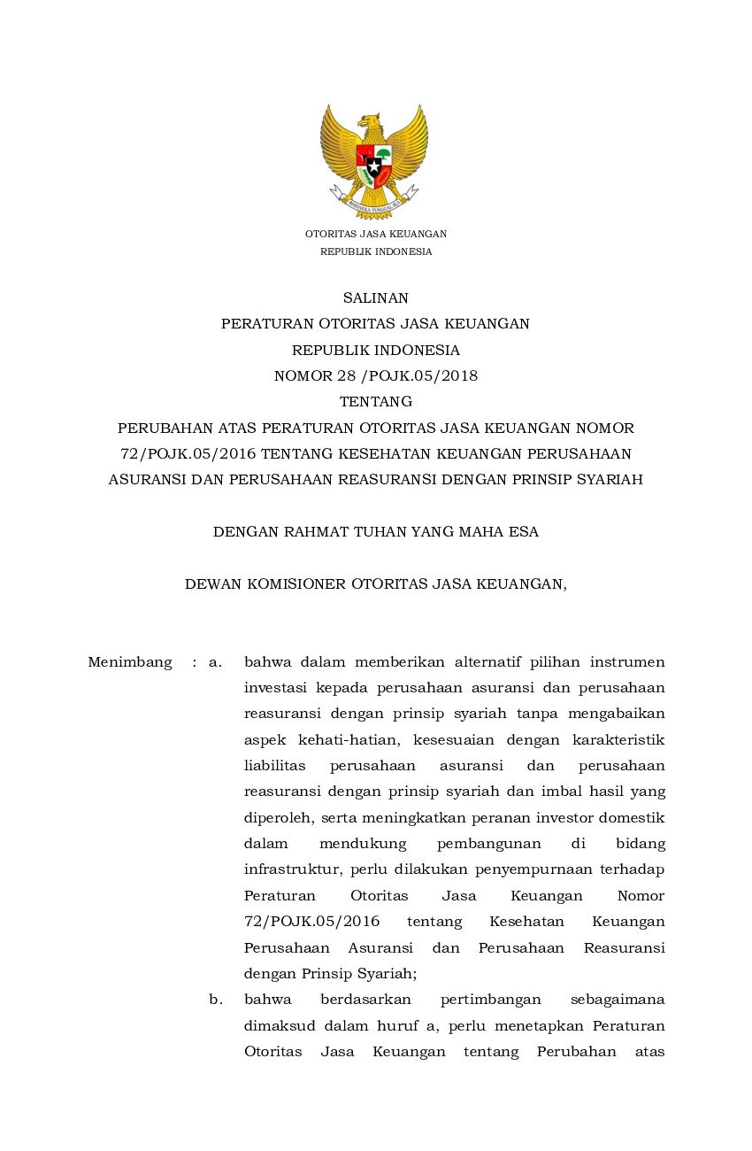 Peraturan Otoritas Jasa Keuangan No 28/POJK.05/2018 tahun 2018 tentang Perubahan atas Peraturan Otoritas Jasa Keuangan Nomor 72/POJK.05/2016 tentang Kesehatan Keuangan Perusahaan Asuransi dan Perusahaan Reasuransi dengan Prinsip Syariah