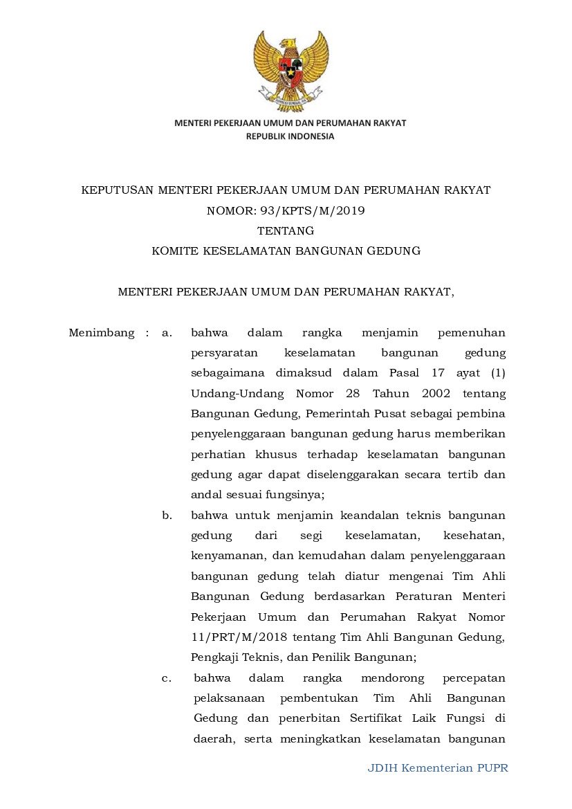 Keputusan Menteri Pekerjaan Umum dan Perumahan Rakyat No 93/KPTS/M/2019 tahun 2019 tentang Komite Keselamatan Bangunan Gedung