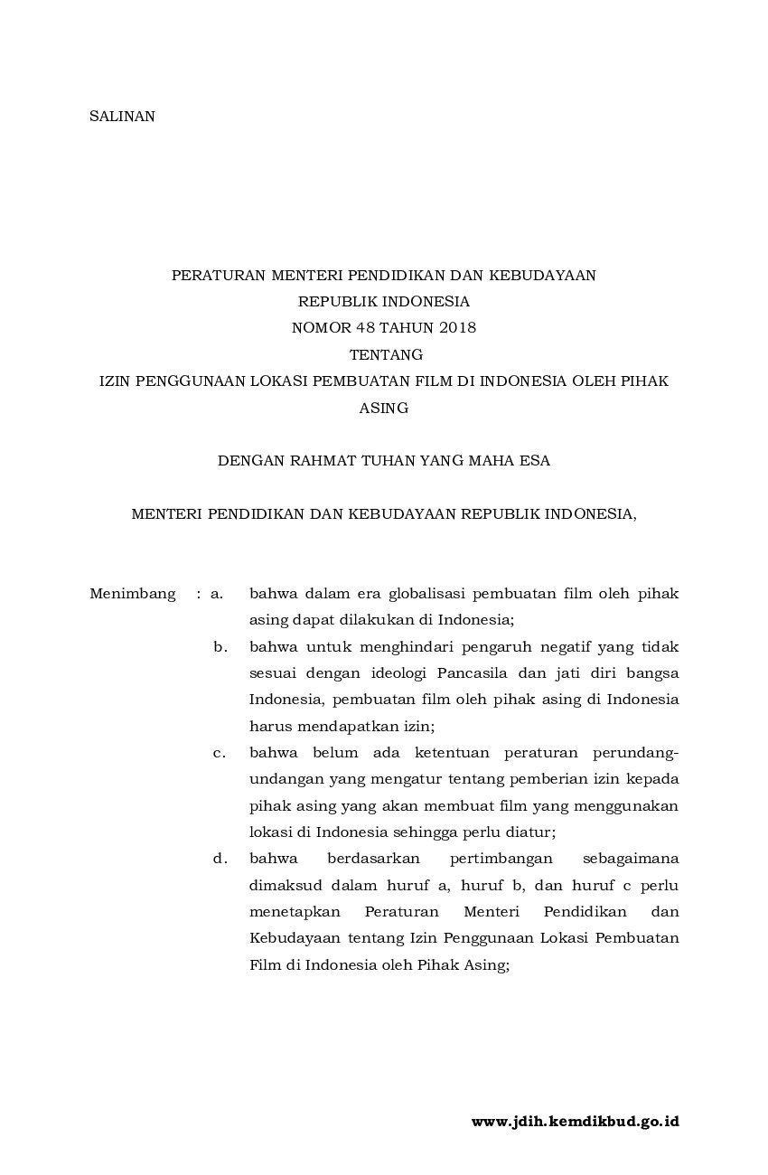 Peraturan Menteri Pendidikan dan Kebudayaan No 48 tahun 2018 tentang Izin Penggunaan Lokasi Pembuatan Film di Indonesia oleh Pihak Asing