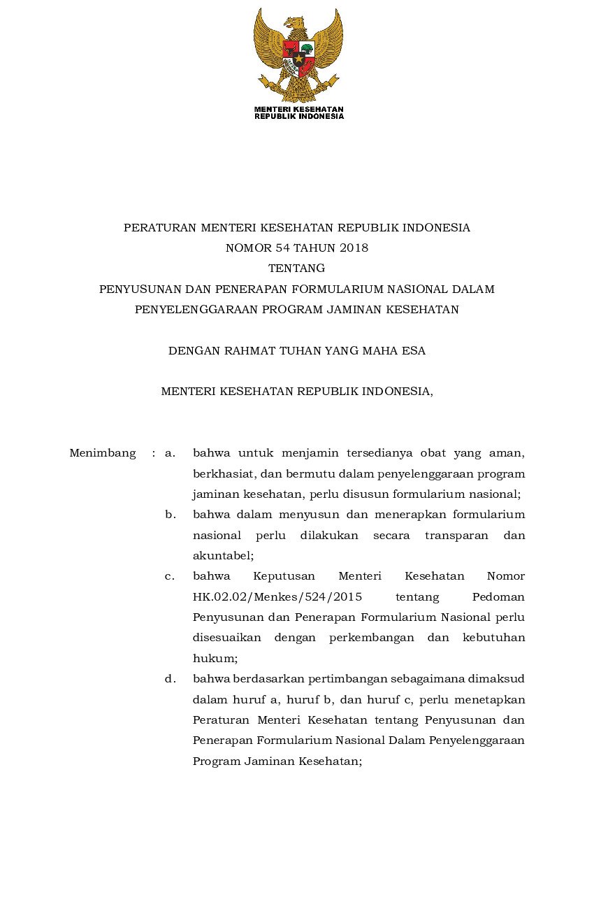 Peraturan Menteri Kesehatan No 54 tahun 2018 tentang Penyusunan dan Penerapan Formularium Nasional dalam Penyelenggaraan Program Jaminan Kesehatan
