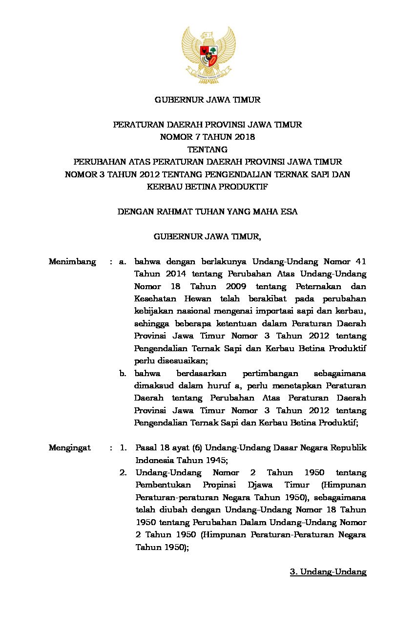 Peraturan Daerah Provinsi Jawa Timur No 7 Tahun 2018 Tentang
