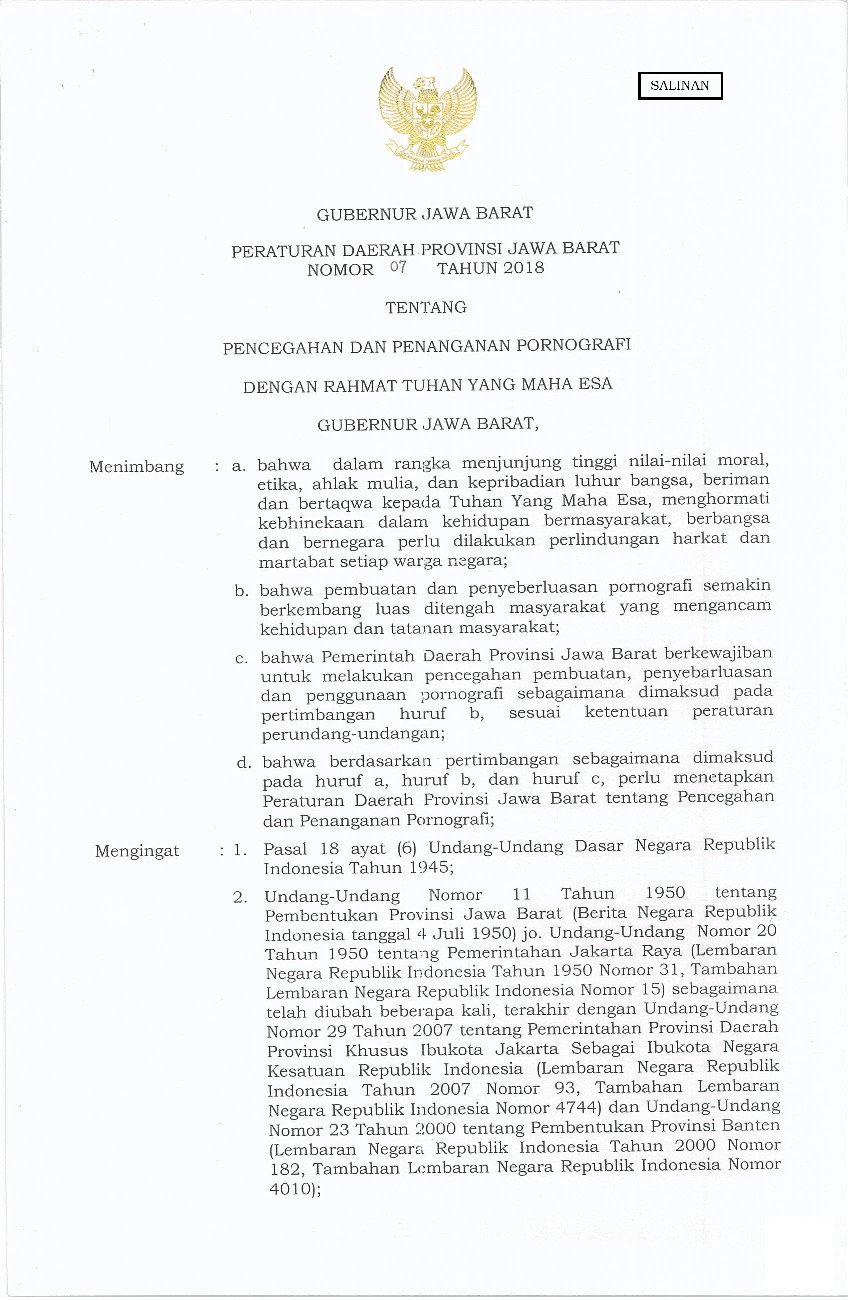 Peraturan Daerah Provinsi Jawa Barat No 7 Tahun 2018 Tentang