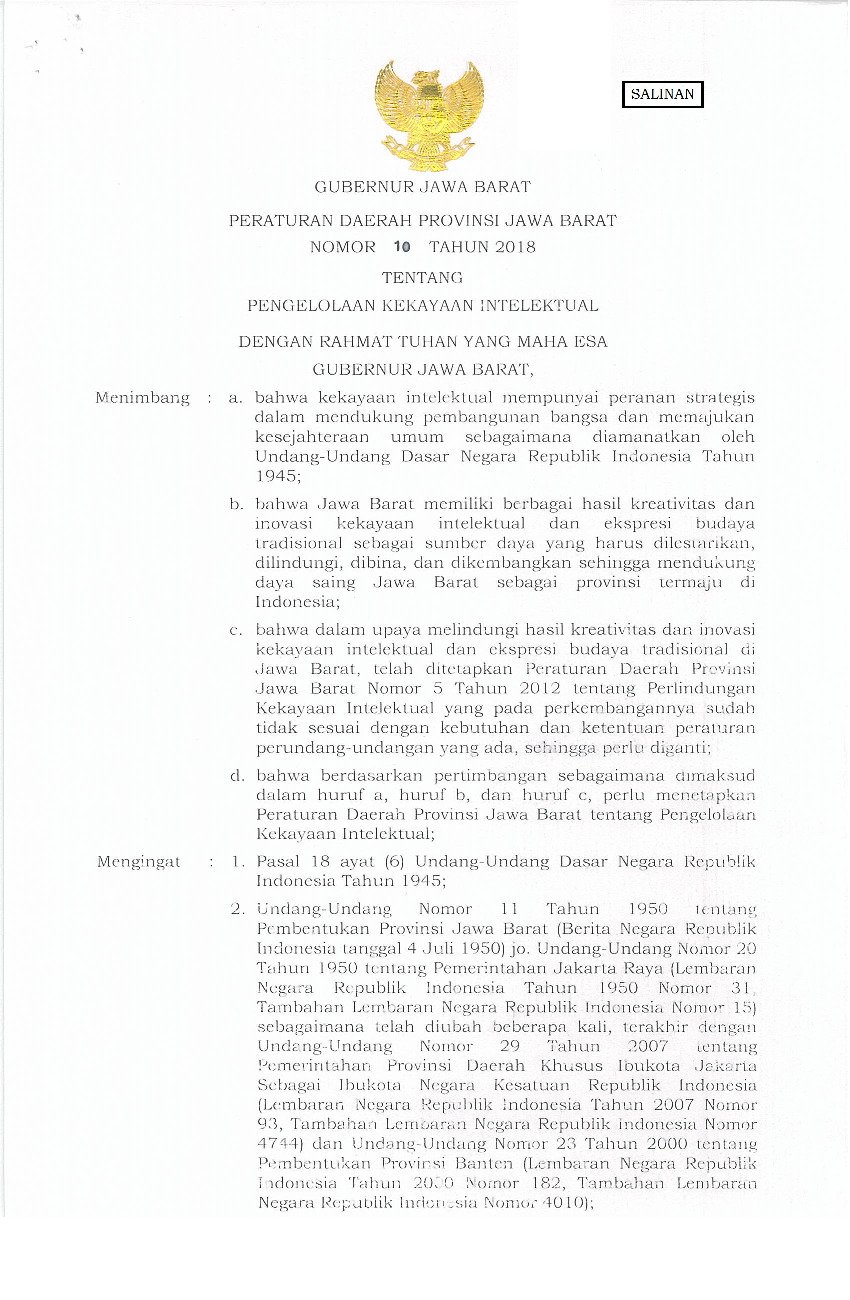 Peraturan Daerah Provinsi Jawa Barat No 10 Tahun 2018