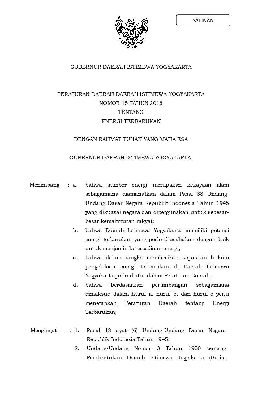 Peraturan Daerah Provinsi DI Yogyakarta No 15 tahun 2018 tentang Energi Terbarukan