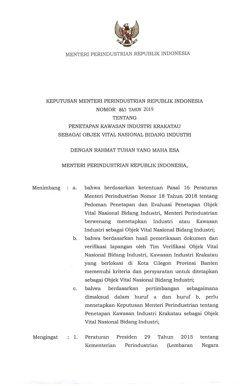 Keputusan Menteri Perindustrian No 865 tahun 2019 tentang Penetapan Kawasan Industri Krakatau sebagai Objek Vital Nasional Bidang Industri