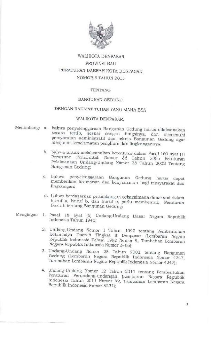 Peraturan Daerah Kota Denpasar No 5 tahun 2015 tentang Bangunan Gedung
