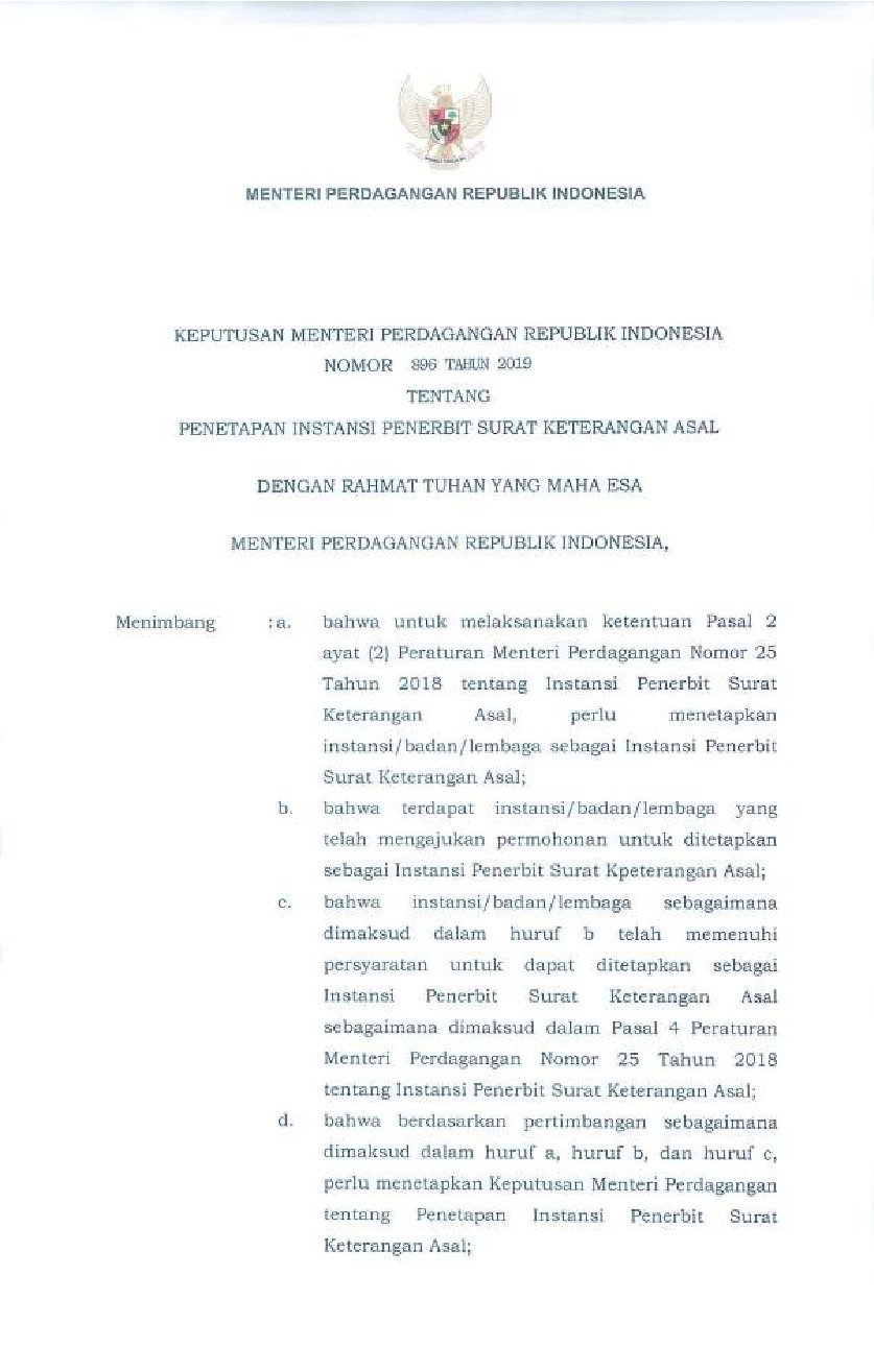 Keputusan Menteri Perindustrian dan Perdagangan No 896 tahun 2019 tentang Penetapan Instansi Penerbit Surat Keterangan Asal