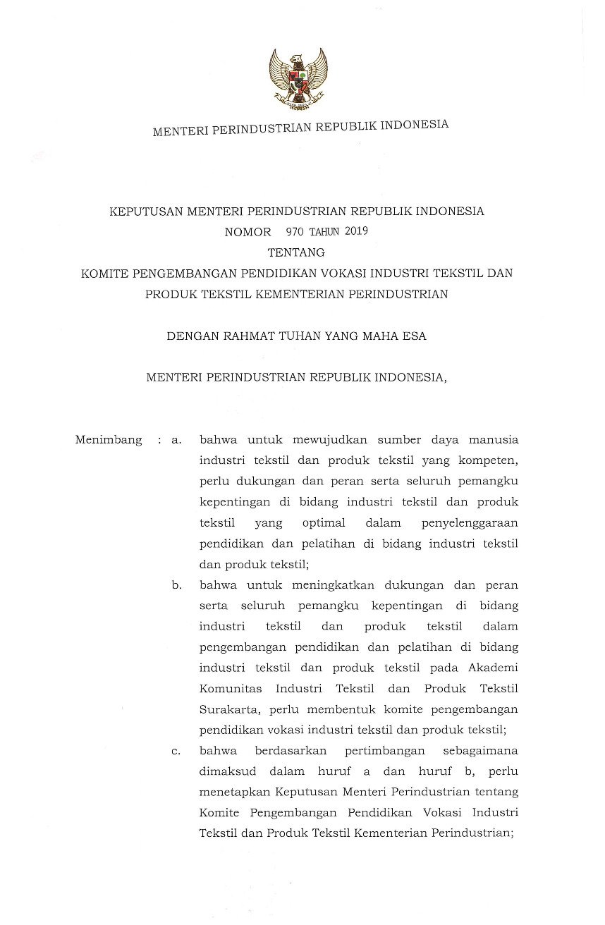 Keputusan Menteri Perindustrian No 970 tahun 2019 tentang Komite Pengembangan Pendidikan Vokasi Industri Tekstil dan Produk Tekstil Kementerian Perindustrian