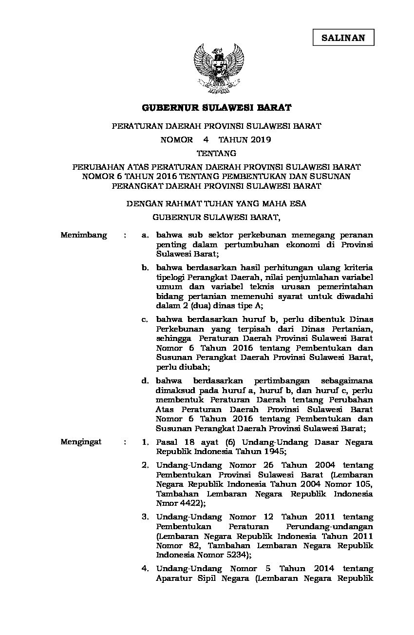 Peraturan Daerah Provinsi Sulawesi Barat No 4 Tahun 2019