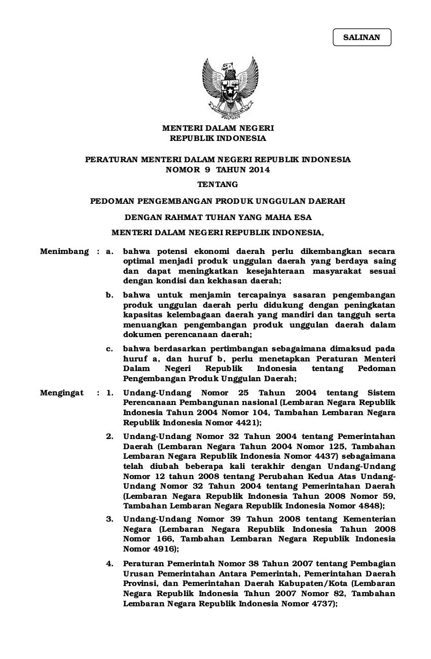 Peraturan Menteri Dalam Negeri No 9 tahun 2014 tentang Pedoman Pengembangan Produk Unggulan Daerah