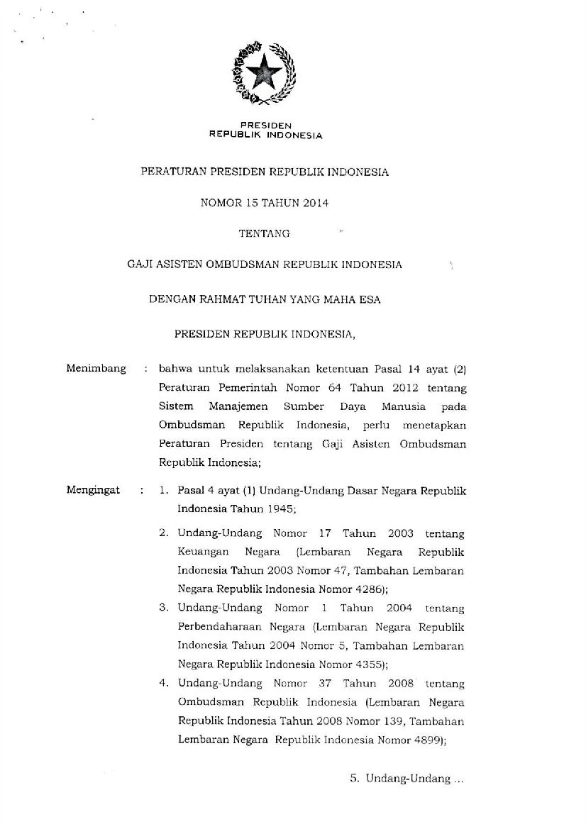 Peraturan Presiden No 15 tahun 2014 tentang Gaji Asisten Ombudsman Republik Indonesia