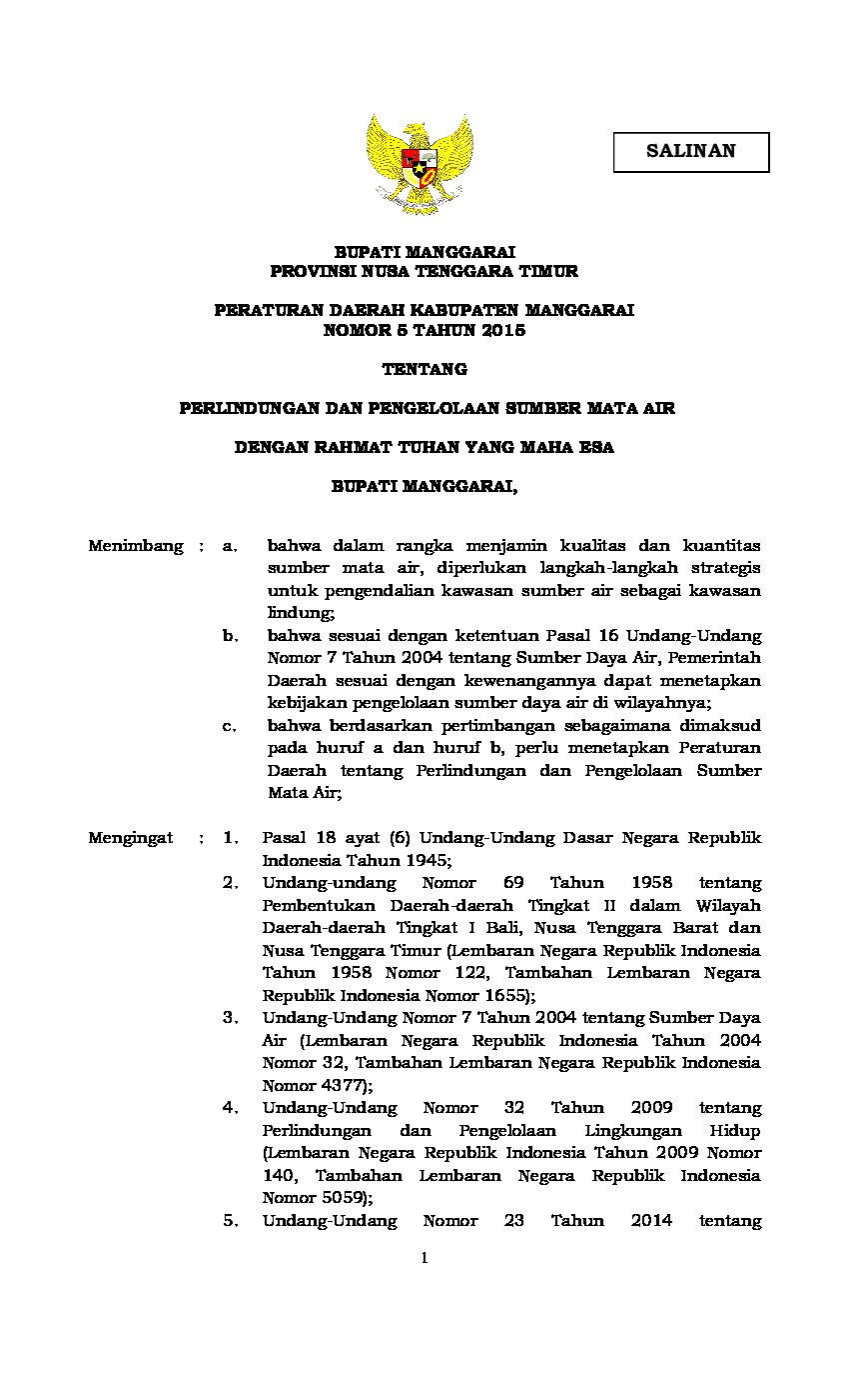 Peraturan Daerah Kabupaten Manggarai No 5 tahun 2015 tentang Perlindungan dan Pengelolaan Sumber Mata Air