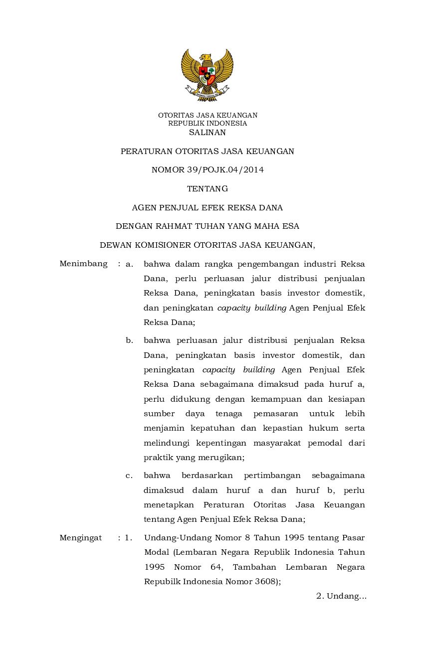 Peraturan Otoritas Jasa Keuangan (OJK) No 39/POJK.04/2014 tahun 2014 tentang Agen Penjual Efek Reksa Dana