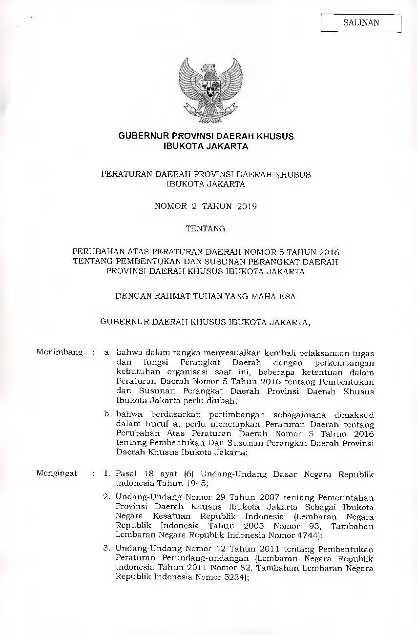 Peraturan Daerah Provinsi DKI Jakarta No 2 tahun 2019 tentang Perubahan