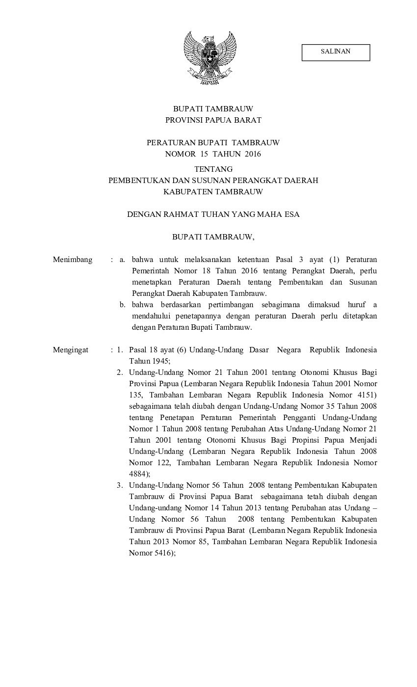 Peraturan Bupati Tambrauw No 15 tahun 2016 tentang Pembentukan dan Susunan Perangkat Daerah Kabupaten Tambrauw