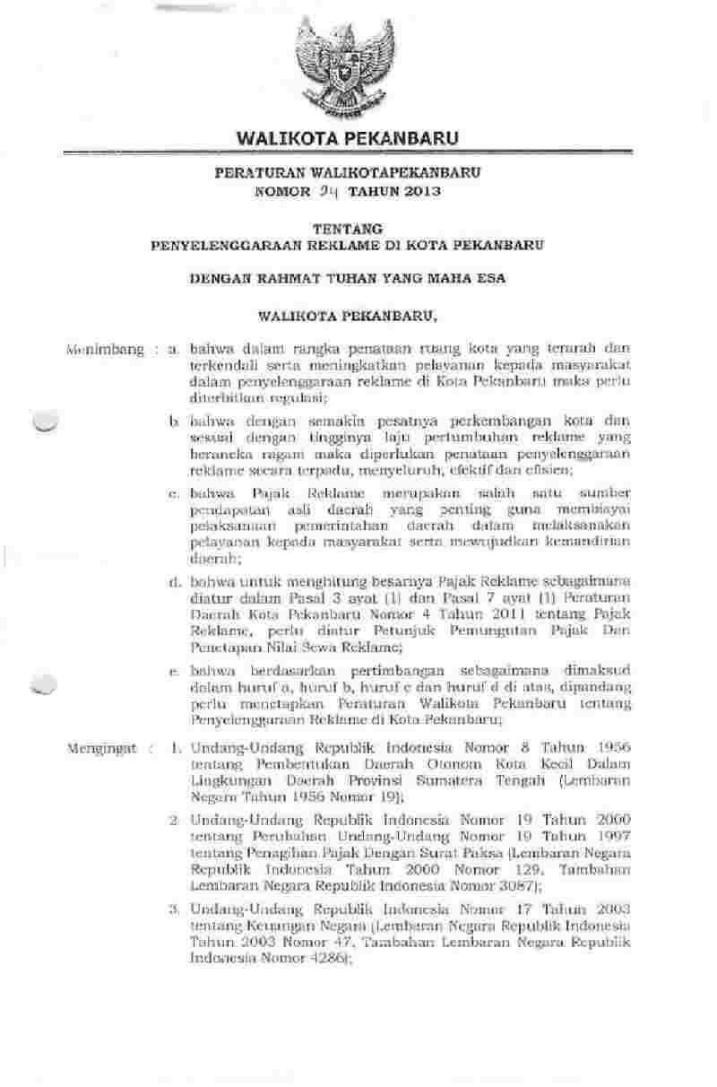 Peraturan Walikota Pekanbaru No 24 tahun 2013 tentang Penyelenggaraan Reklame di Kota Pekanbaru