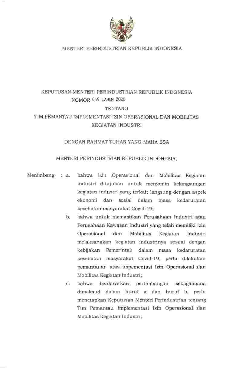 Keputusan Menteri Perindustrian No 649 tahun 2020 tentang Tim Pemantau Implementasi Izin Operasional dan Mobilitas Kegiatan Industri